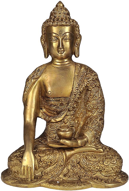 8" Lord Buddha in Bhumisparsha Mudra with Pindapatra (Robes Decorated with Auspicious Symbols) | Handmade Brass Statue