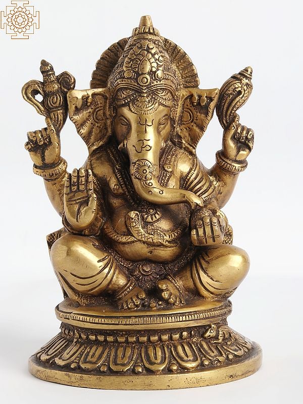 8" Four Armed Seated Ganesha Granting Abhaya In Brass | Handmade | Made In India