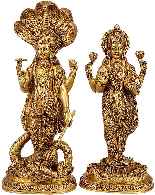 17" Lord Vishnu Standing on Sheshnag with Lakshmi Ji In Brass | Handcrafted In India