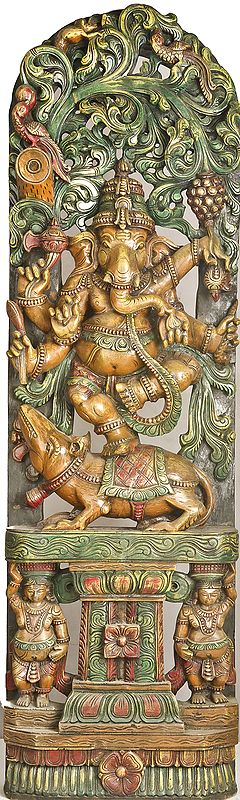 Six Armed Dancing Ganesha with Arched-Shaped Vegetative Aureole