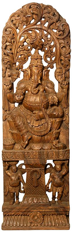 Lord Ganesha Vertical Panel with Vegetative Aureole and Twin Dwarves