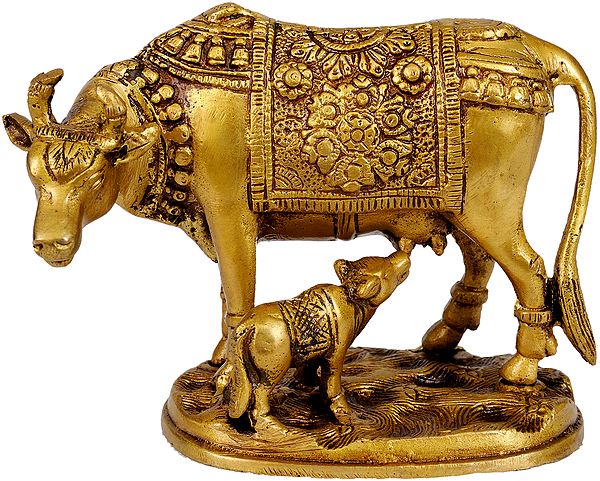 5" Brass Cow and Calf Statue - Most Sacred Animal of India | Handmade