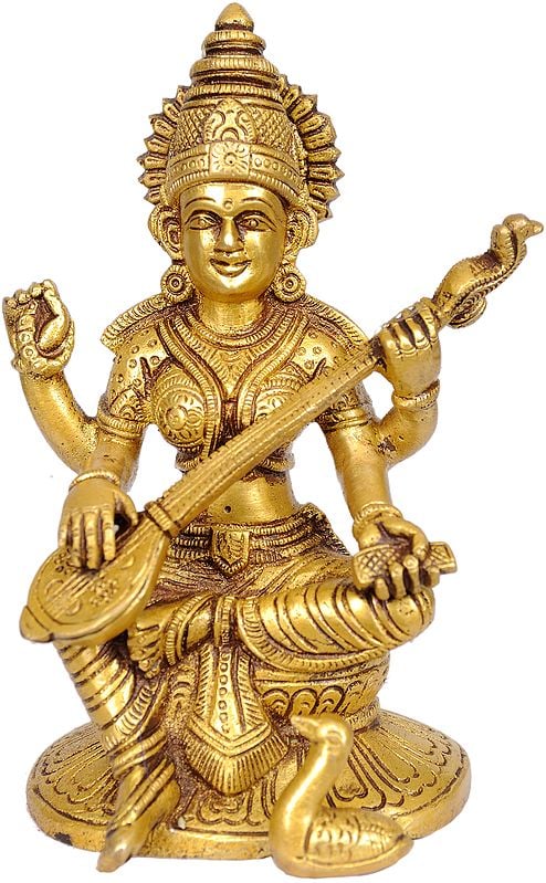 6" Goddess Saraswati Brass Idol | Handmade | Made In India
