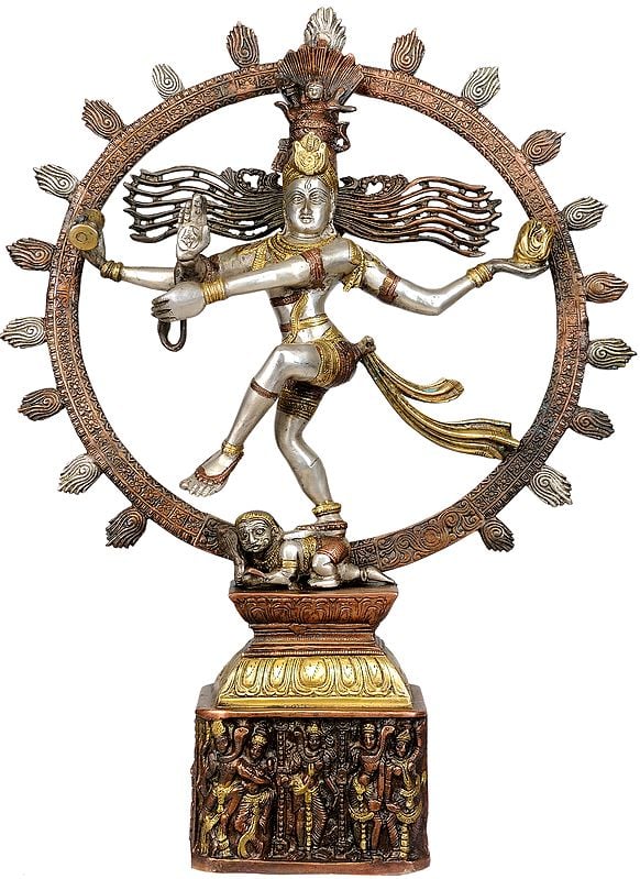 22" Triple Hued Nataraja (Pedestal Decorated with Dancing Figures of Shiva Parvati) In Brass | Handmade | Made In India