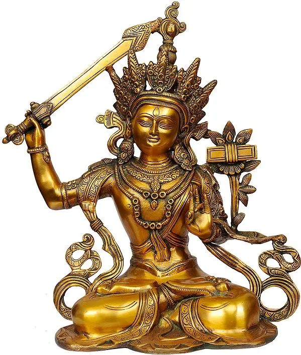 16" Manjushri - Bodhisattva of Transcendent Wisdom (Tibetan Buddhist Deity) In Brass | Handmade | Made In India