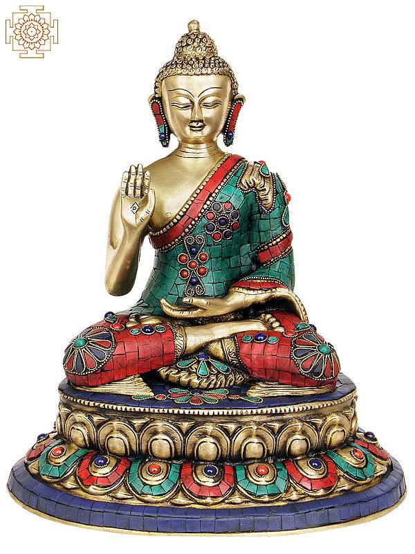 13" Lord Buddha Granting Abhaya (with Inlay Work) In Brass | Handmade | Made In India