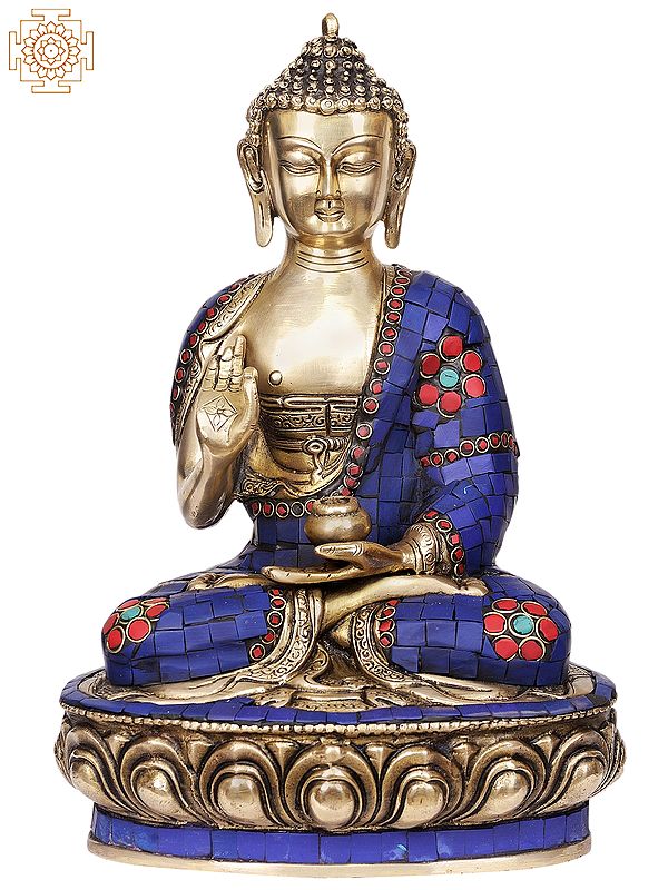 12" Lord Buddha Interpreting His Dharma Wearing Blue Inlay Robes In Brass | Handmade | Made In India