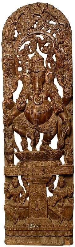 Dancing Ganesha Panel with Lakshmi and Saraswati