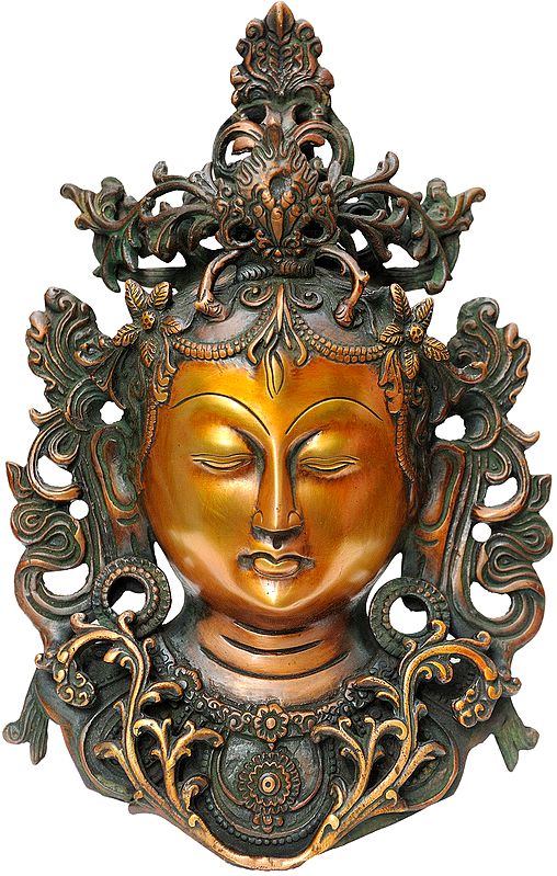 12" (Tibetan Buddhist Deity) Goddess Tara Wall Hanging Mask In Brass | Handmade | Made In India