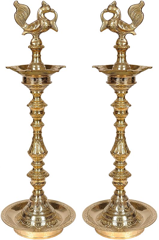 18" Annam Lamp (Peacock Lamp Pair) In Brass | Handmade | Made In India