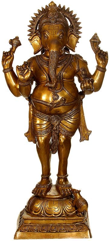 51" Large Size Standing Ganesha, A Form of Tryakshara Ganapati In Brass | Handmade | Made In India