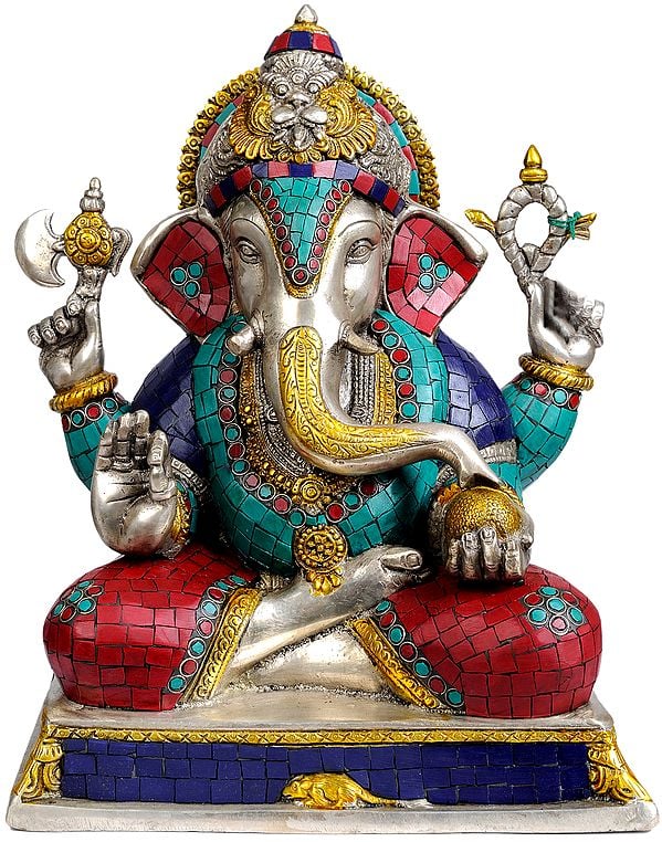 12" Lord Ganesha (with Inlay Work) In Brass | Handmade | Made In India