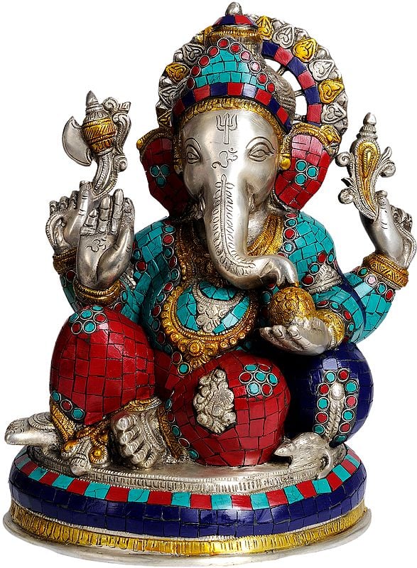 14" Lord Ganesha Eating Modak (with Inlay Work) In Brass | Handmade | Made In India
