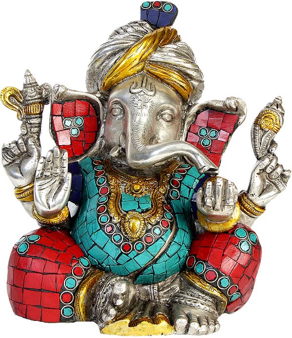 8" Turbaned Ganesha (with Inlay Work) In Brass | Handmade | Made In India