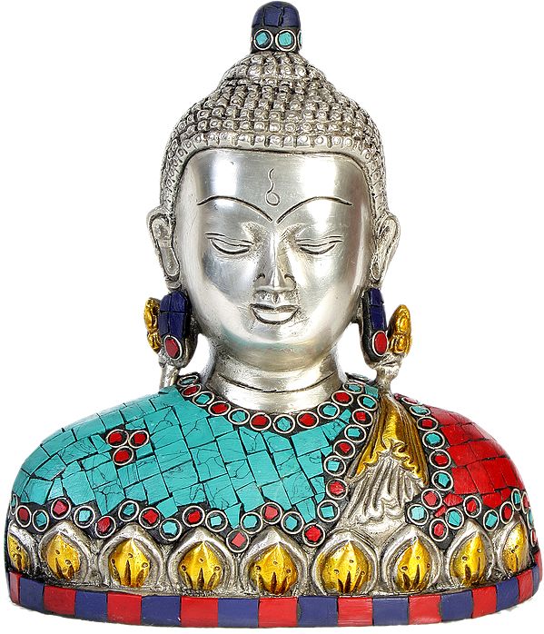 Lord Buddha Bust in Silver Hue with Inlay