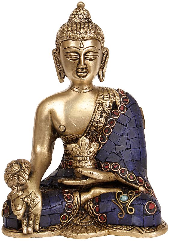6" Lapis Healing Buddha Idol in Brass | Tibetan Buddhist Deity Statues