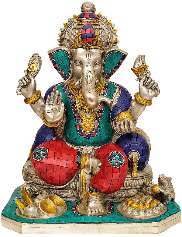 12" Lord Ganesha (With Inlay Work) In Brass | Handmade | Made In India