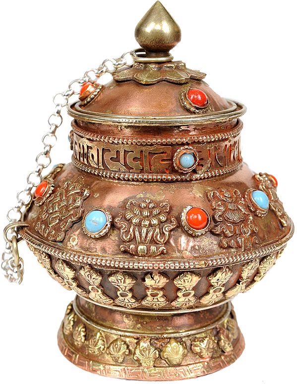 Ashtamangala Ritual Bowl  with Lid and the Syllable OM MANI PADME HUM