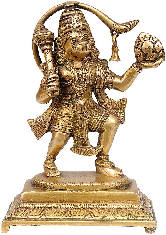 6" Brass Lord Hanuman Statue with Sanjeevani Herbs | Handmade | Made in India