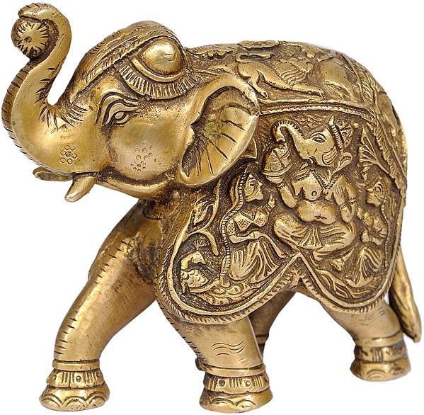 5" Brass Elephant with Upraised Trunk Carved with Images of Ganesha with Riddhi and Siddhi