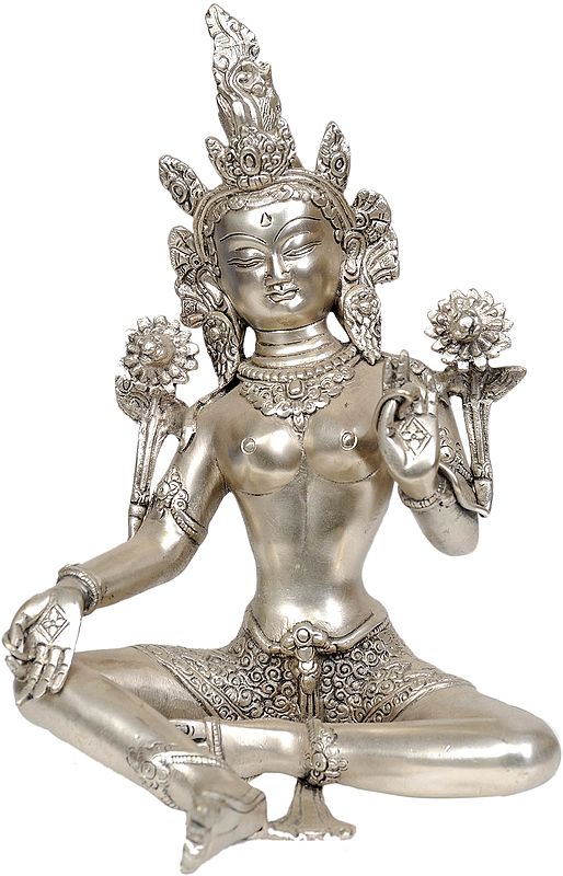 10" Tibetan Buddhist Goddess Green Tara (In Silver Hue) In Brass | Handmade | Made In India
