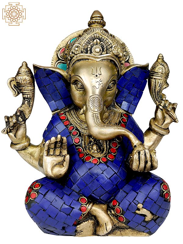 8" Lapis Ganesha Granting Abhaya In Brass | Handmade | Made In India