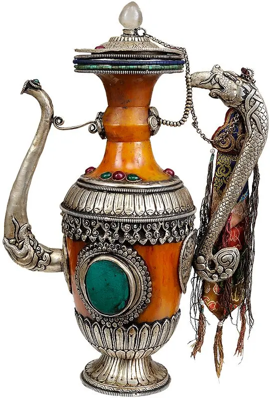 Tibetan Buddhist Amber Dust Ritual Kettle with Dragon Handle