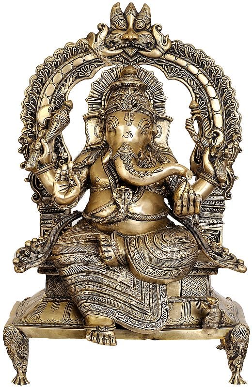 28" Large Size Majestic Ganesha Enshrining the Throne with Mahakala Arch In Brass | Handmade | Made In India