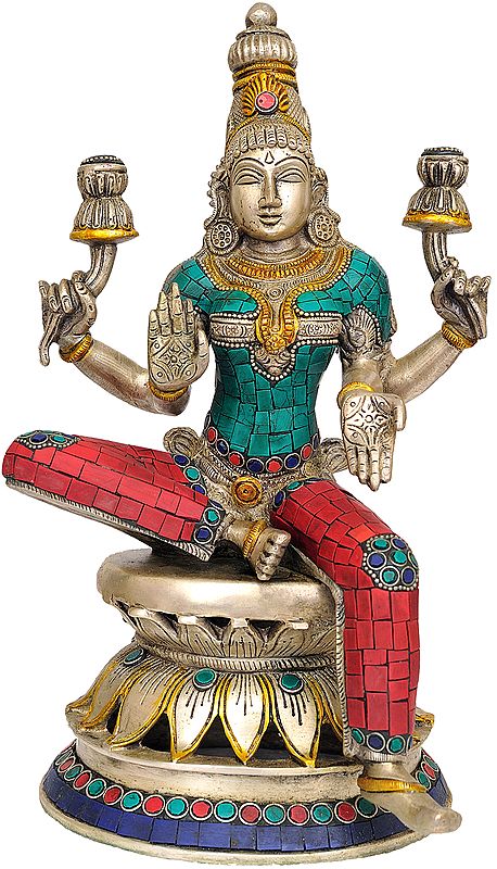 12" Goddess Lakshmi (Inlay Statue) In Brass | Handmade | Made In India