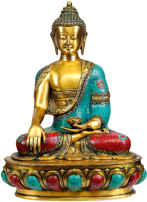 17" Lord Buddha in Bhumisparsha Mudra (Inlay Statue) In Brass | Handmade | Made In India