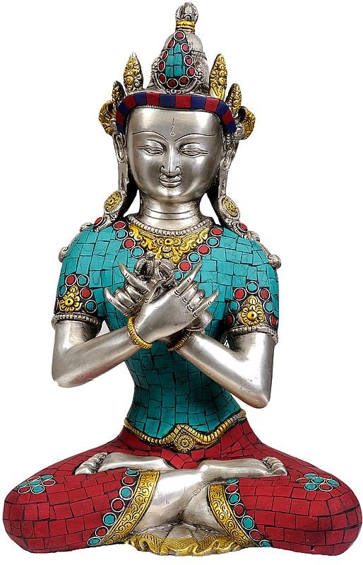 13" Tibetan Buddhist Deity- Primordial Buddha Vajradhara in Vajra-Humkara Mudra (Inlay Statue) In Brass | Handmade | Made In India