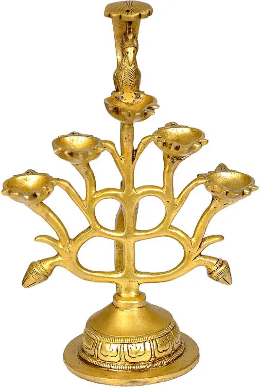 Five-Wick Peacock Puja Lamp