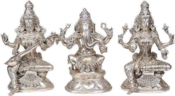 8" The Great Trinity - Saraswati, Ganesha and Lakshmi In Brass | Handmade | Made In India