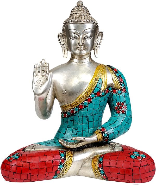 11" Shakyamuni Buddha Granting Abhaya (Inlay Statue) In Brass | Handmade | Made In India