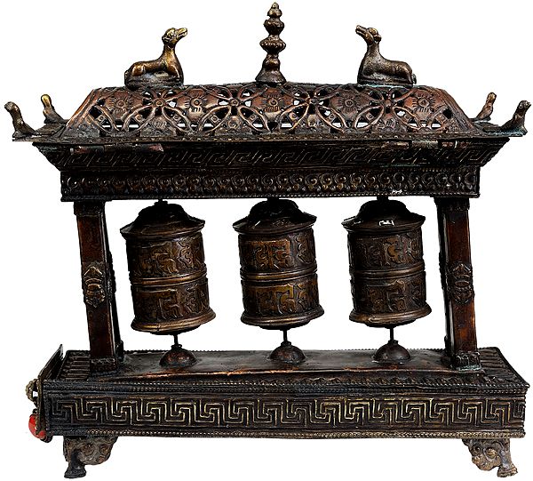Enshrined Triple Prayer Wheels with Incense Holder and Burner
