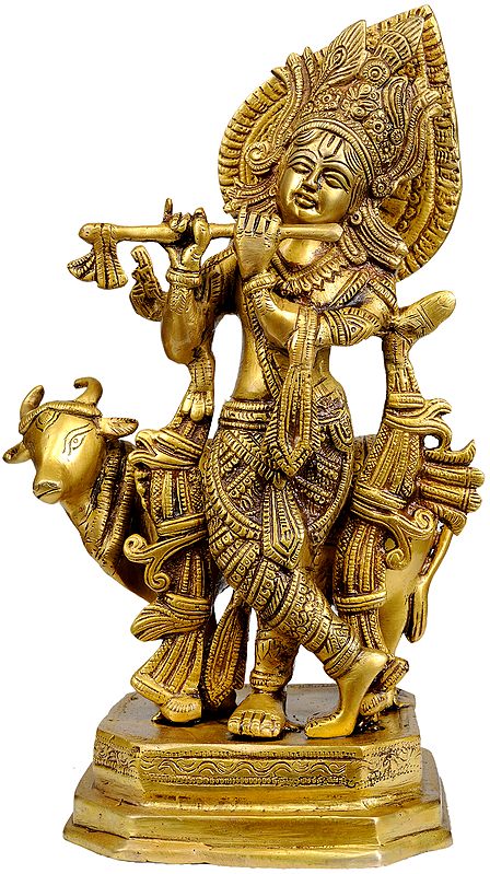 12" Venugopala (Fluting Krishna with His Cow) In Brass | Handmade | Made In India