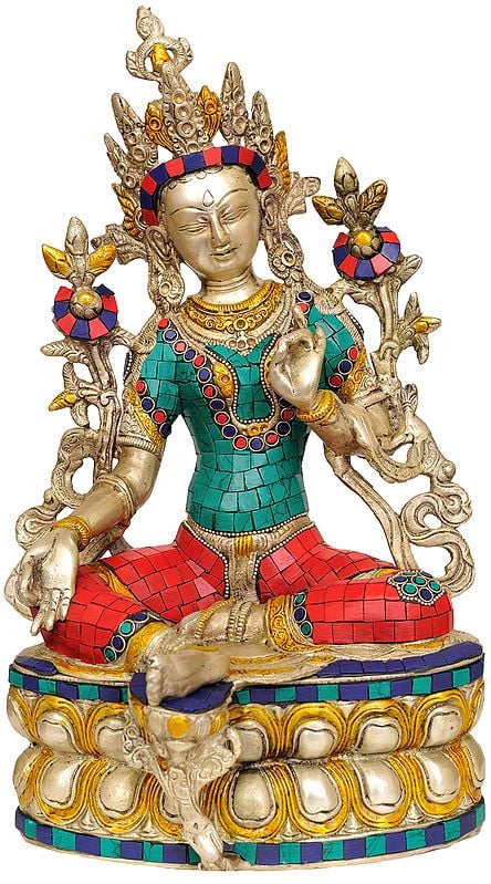 14" Saviour Goddess Green Tara (Inlay Statue Tibetan Buddhist Deity) In Brass | Handmade | Made In India
