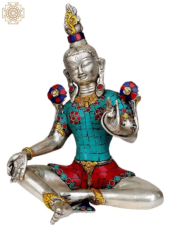 10" Saviour Goddess Green Tara (Tibetan Buddhist Inlay Statue) In Brass | Handmade | Made In India