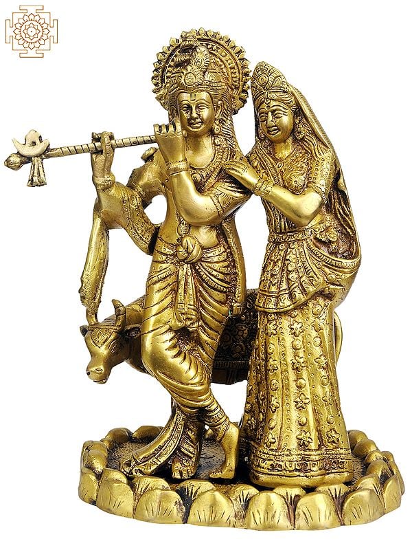 10" Radha-Krishna with Cow In Brass | Handmade | Made In India