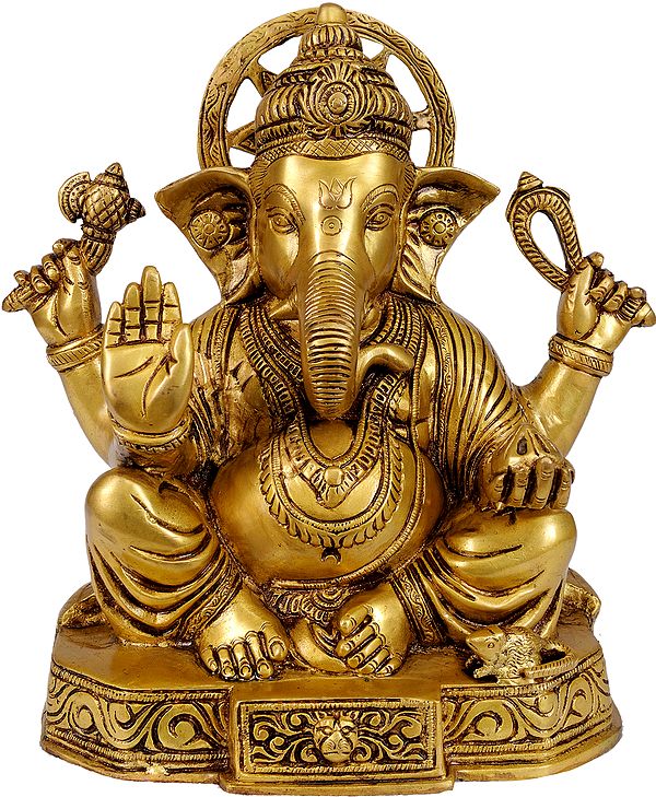11" Four-Armed Seated Ganesha In Brass | Handmade | Made In India