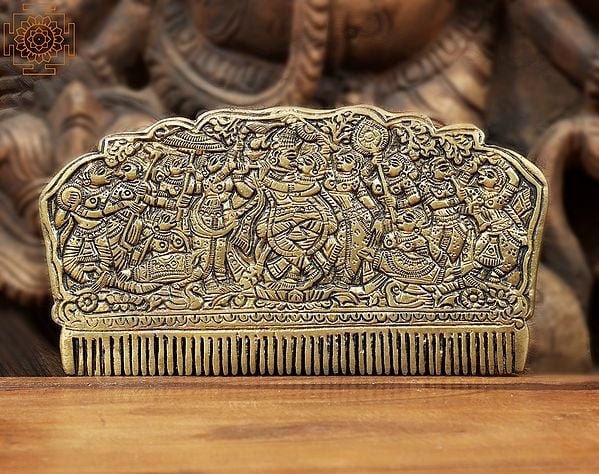 3" Comb with the Figures of Radha Krishna and Gopis In Brass | Handmade | Made In India