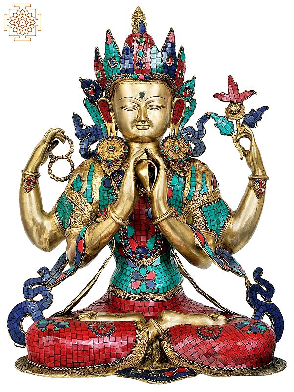 31" Large Size Shadakshari Lokeshvara (Inlay Tibetan Buddhist Statue) In Brass | Handmade | Made In India