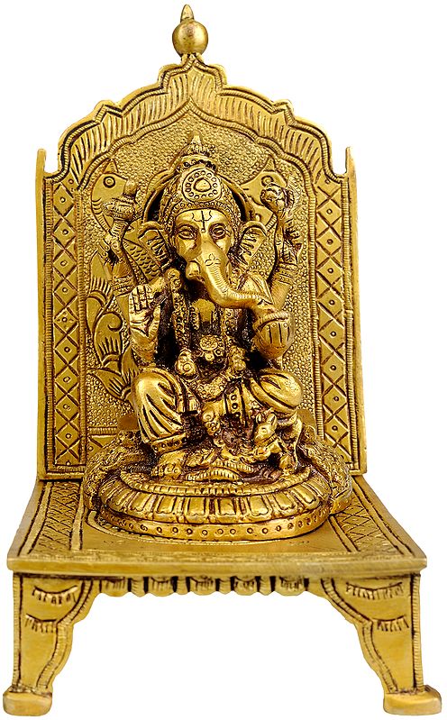 7" Enthroned Ganesha Sculpture in Brass | Handmade | Made in India
