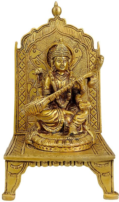 7" Enthroned Saraswati In Brass | Handmade | Made In India