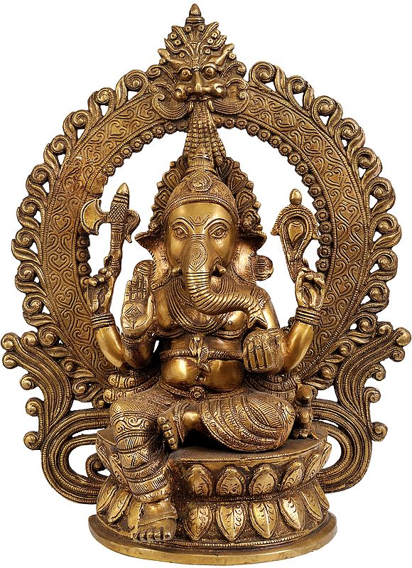 14" Enthroned Ganesha In Brass | Handmade | Made In India
