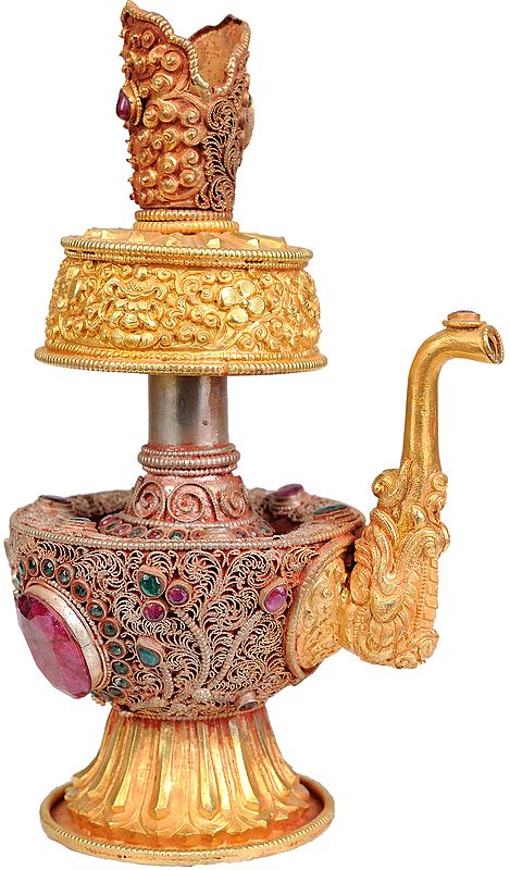 Tibetan Buddhist Ritual Kettle and Water Sprinkler with Filigree and  Repousse Work