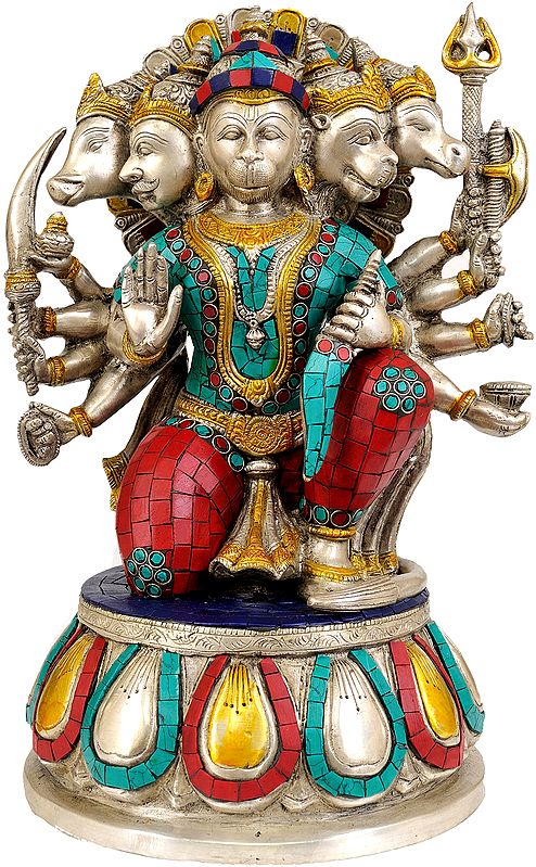 13" Five Headed Hanuman as Eleventh Rudra (Inlay Statue) In Brass | Handmade | Made In India