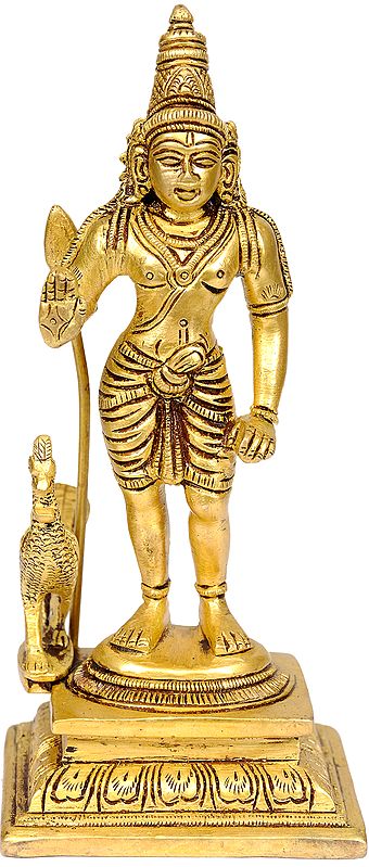 6" Bhagawan Karttikeya Sculpture with Peacock in Brass | Handmade | Made in India