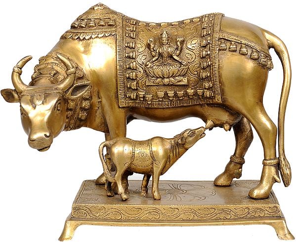8" Cow Marked with Ganesha and Lakshmi In Brass | Handmade | Made In India