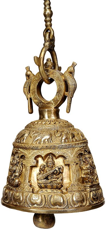 13" Ganesh Lakshmi Saraswati Bell in Brass | Handmade | Made in India